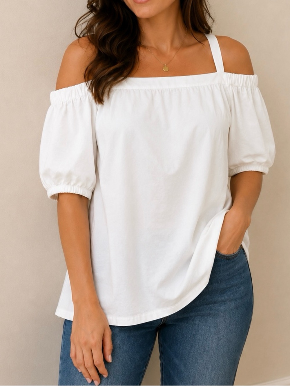Lauren Ralph Lauren 1X White Cotton Cold Shoulder Puff Sleeve Top